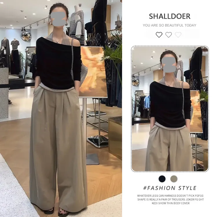网红洋气炸街套装女2025春秋新款假两件挂脖长袖t恤阔腿裤两件套