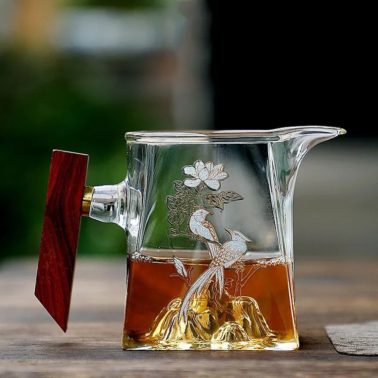 耐热玻璃公道杯加厚木把观山玻璃分茶器茶海过滤茶水分离公道杯