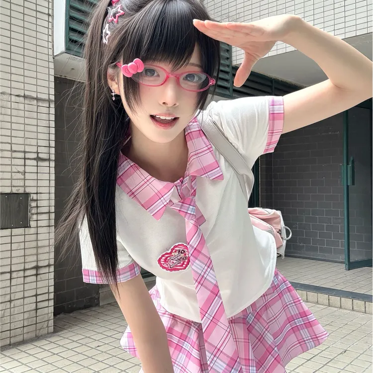 【甜岛原创】自制格裙双子闺蜜可爱套装 初秋穿搭衬衫短裙 甜妹