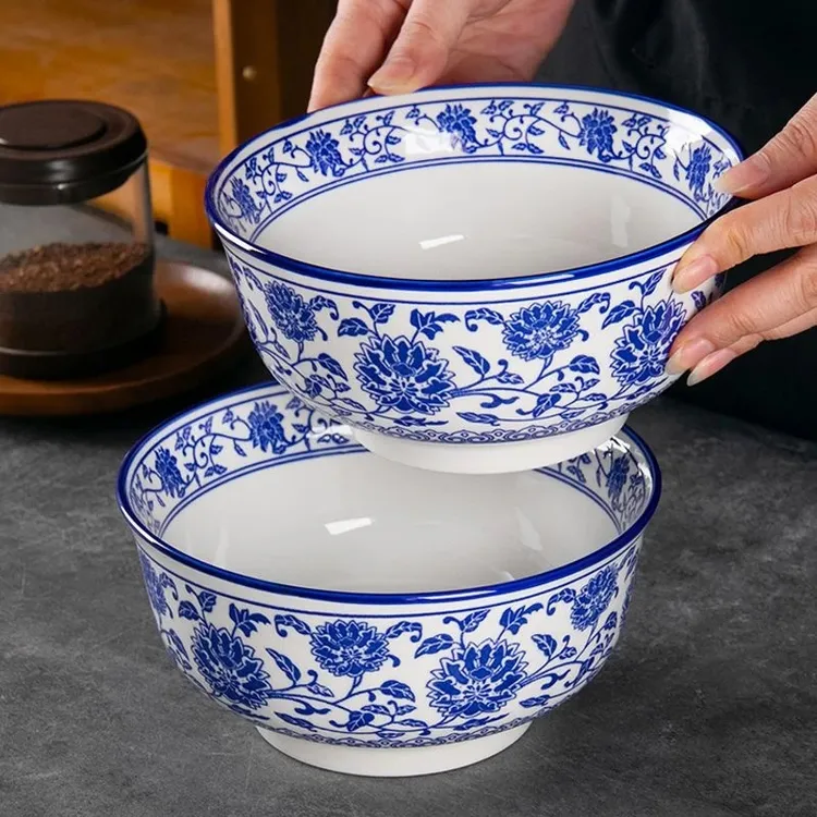 【厂家直销】7英寸青花瓷拉面碗家用大号汤面碗陶瓷釉下彩餐具汤盆