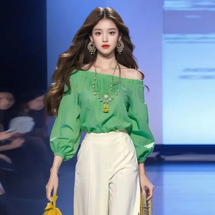 小香风绿色衬衫2024夏季新款一字肩轻熟法式小众高级感气质上衣女