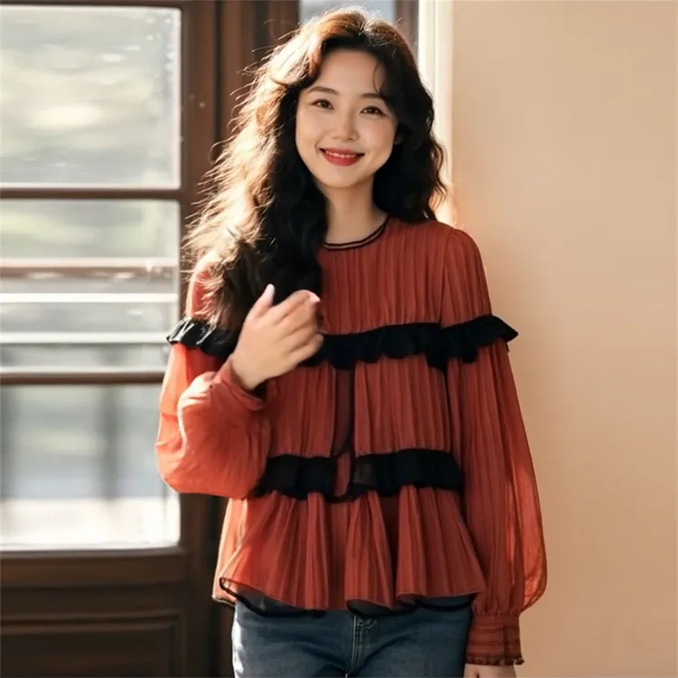 2025春季新款潮流个性设计感拼接气质衬衫女休闲遮肉宽松圆领上衣