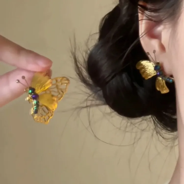 合金耳饰 耳夹无耳洞耳钉新中式复古流金蝴蝶耳环贵气气质耳坠