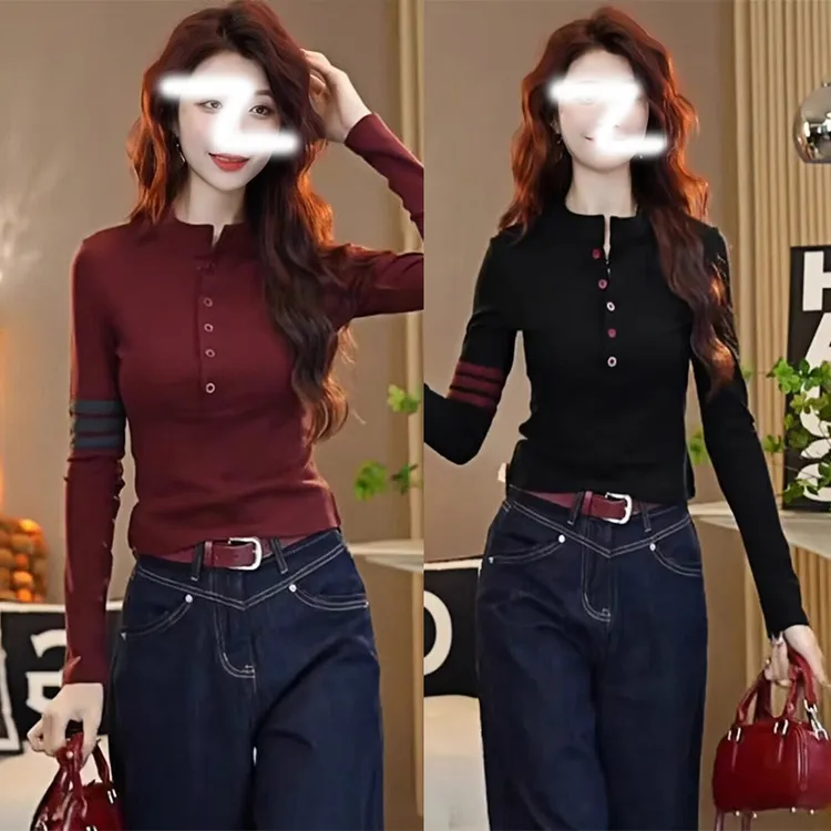春秋新款撞色纽扣设计感修身显瘦长袖T恤女洋气针织时尚女打底衫