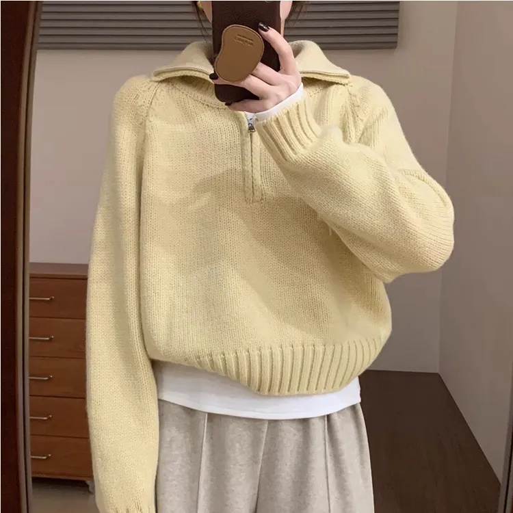 白色浣熊绒拉链翻领短款套头毛衣女秋冬慵懒风冬季加厚内搭针织衫