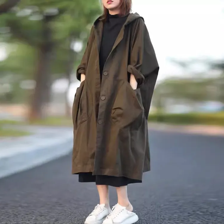 韩系宽松中长款长袖连帽纯棉减龄风衣女秋季新款休闲时尚显瘦外套
