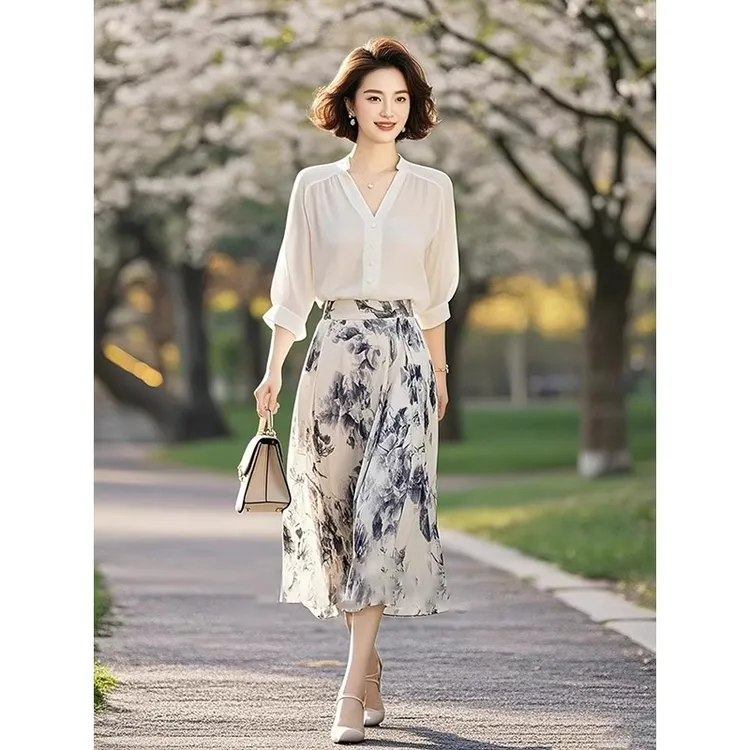 上班通勤一整套穿搭白色V领雪纺衬衫印花半身裙子两件套女装新款