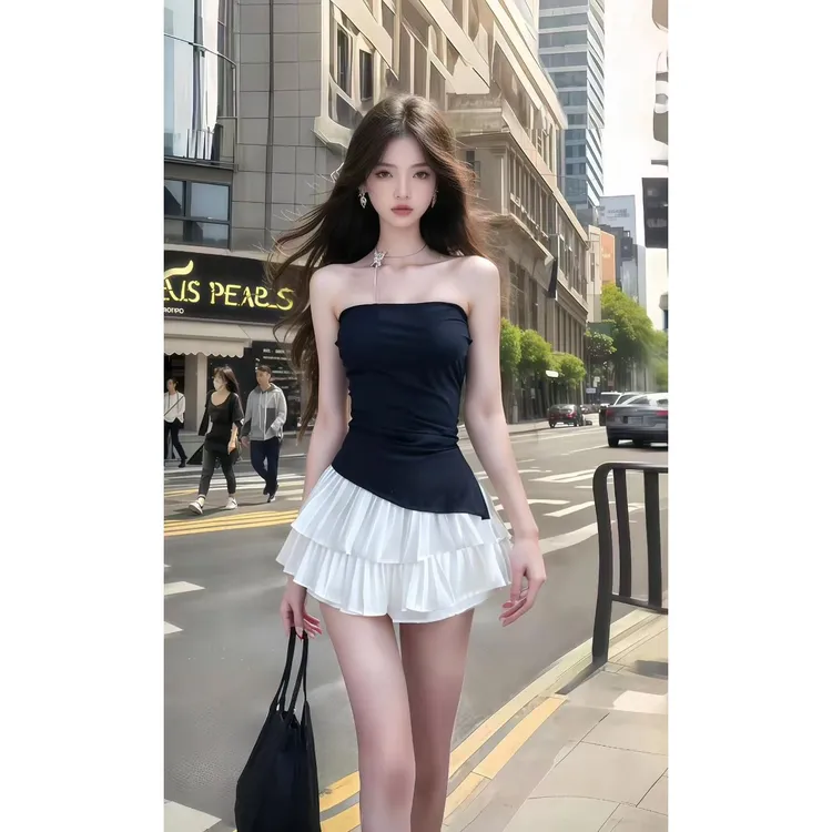 纯欲气质名媛辣妹风撞色一字肩露肩抹胸修身收腰设计感小众连衣裙