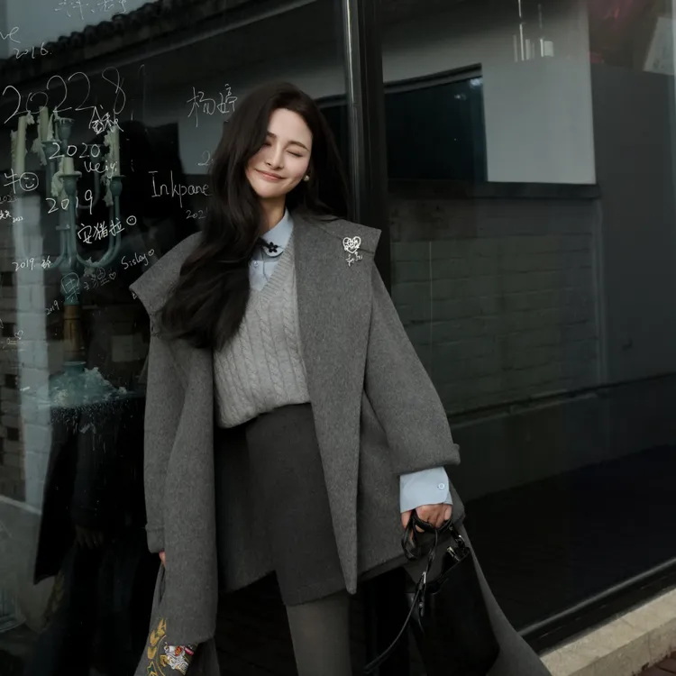 伊迪卡双面羊毛大衣韩系ins风休闲宽松显瘦慵懒连帽双面呢外套H