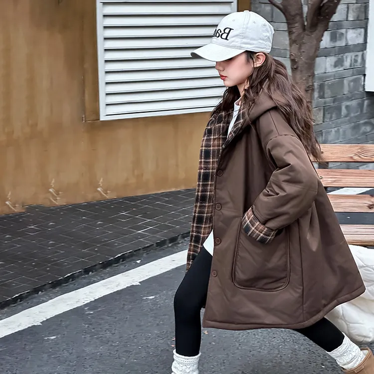 女童外套格子2025秋冬款中大童夹棉加厚长款双面穿大衣儿童棉服潮