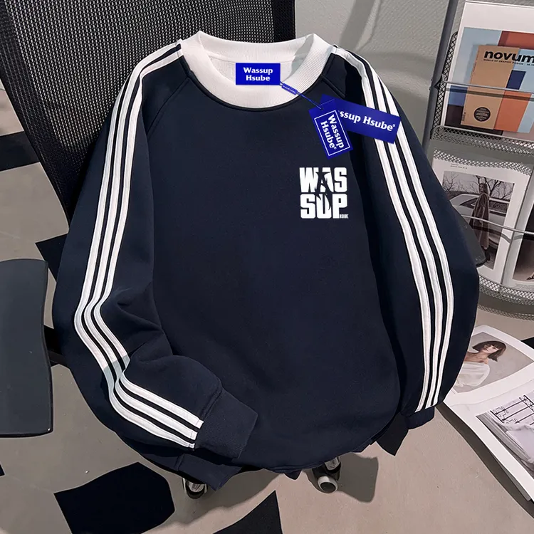 WASSUP HSUBE重磅美式国潮牌圆领卫衣秋季新款三条杠男士宽松上衣