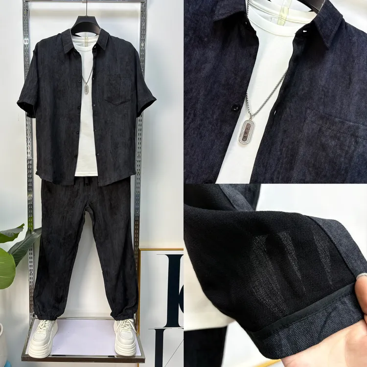 麻料新款衬衫套装夏季男装休闲短袖男款翻领简约风灰色时尚套装
