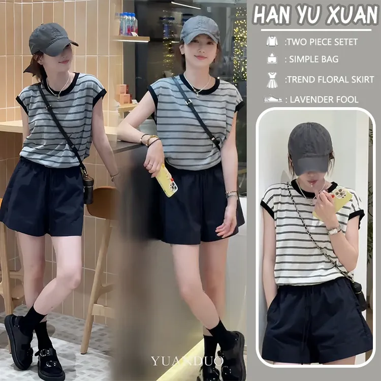 孕妇装夏季新款黑白条纹短袖上衣法式小众别致设计感气质坎肩套装