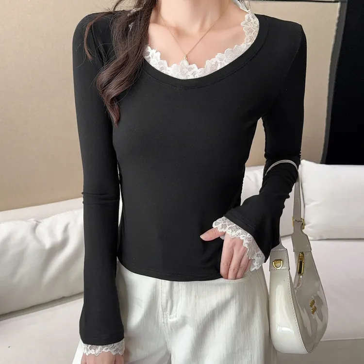 新款蕾丝花边长袖莫代尔面膜t恤女 秋冬季打底衫修身显瘦内搭薄款