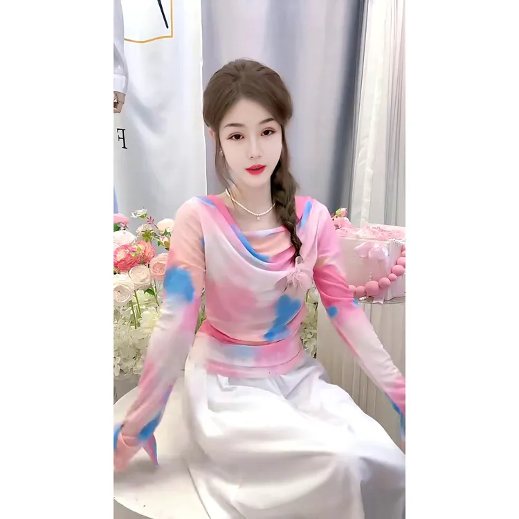 欧货时尚洋气晕染粉色烫钻堆堆领网纱衫修身显瘦上衣