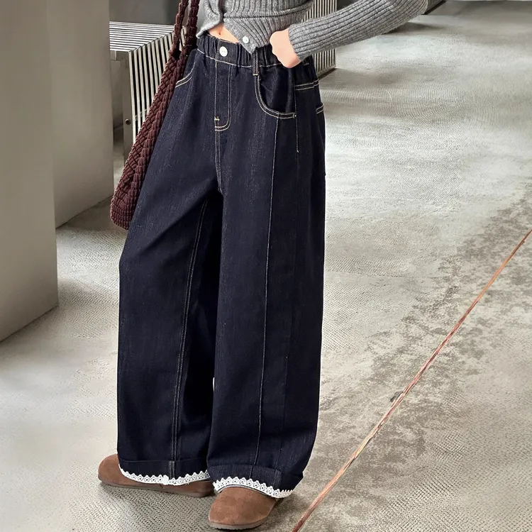 女童牛仔裤春秋季2025新款中大童脚口花边阔腿裤韩版松紧腰直筒裤