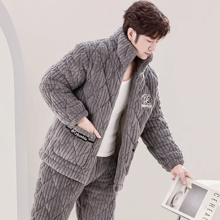 睡衣男士冬季加厚加绒三层夹棉袄珊瑚绒保暖法兰家居服套装秋冬款