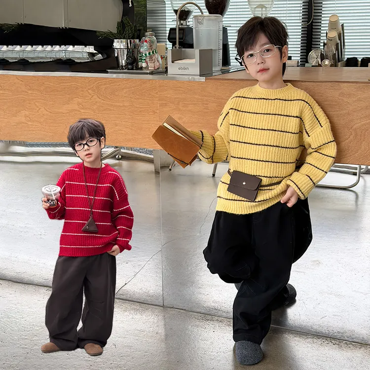 【依妈家】冬儿童时尚条纹微弹羊毛针织衫男童加厚保暖毛衣潮25K143