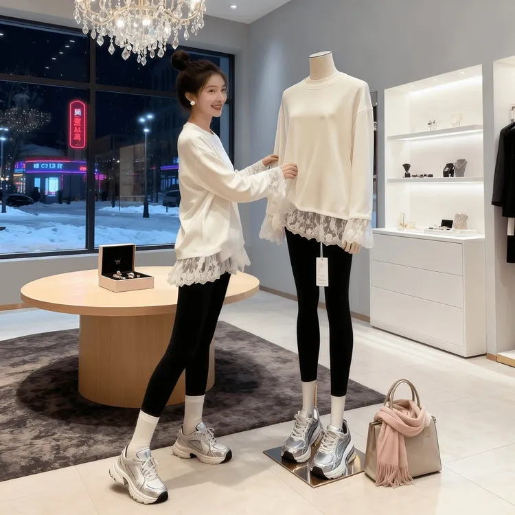 【轻奢气质】打底衫欧货白色长袖t恤女蕾丝冬新款加绒中长内搭百搭
