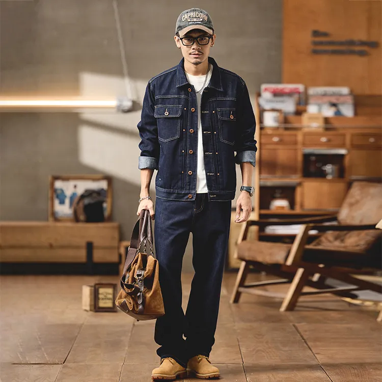 复古莱赛尔翻领宽松牛仔外套男士春秋季新款高级感工装裤两件套装