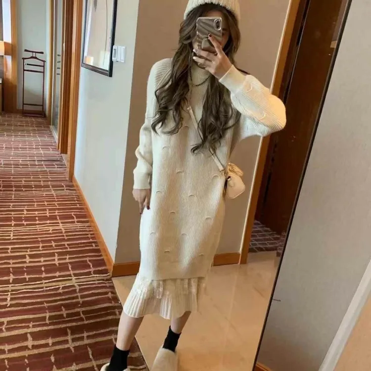 2025秋冬装新款提花高级假两件拼接蕾丝裙摆毛衣针织连衣裙长裙