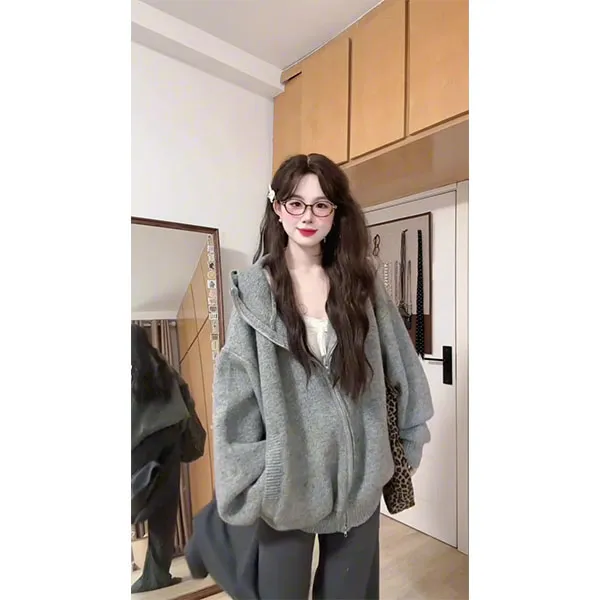韩系灰色大翻领连帽毛衣外套女秋冬季宽松拉链针织开衫裤子套装女