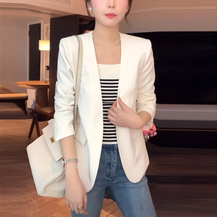 长袖女纯色上衣轻职风极简风V领西装时尚气质春秋韩版设计感外套