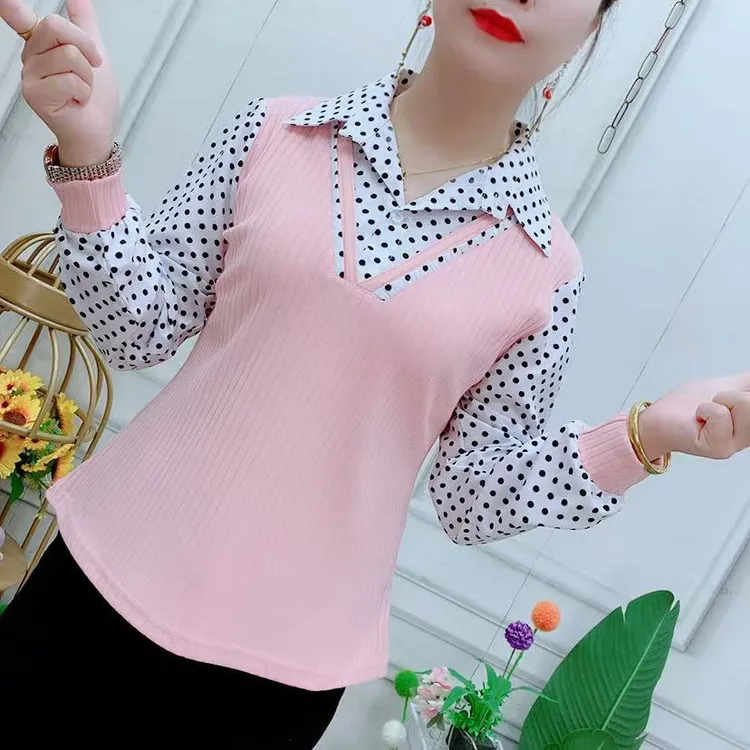 假两件长袖打底小衫洋气波点衬衫女士2025新款秋冬季针织上衣毛衣