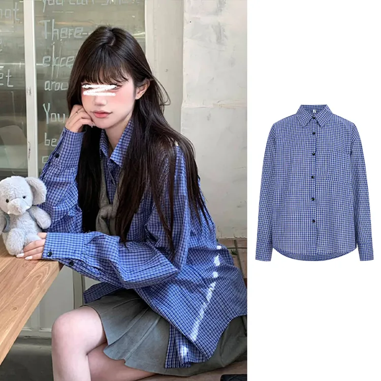 MosesQueen/魔西女王慵懒风复古休闲格子长袖衬衫女休闲显瘦上衣