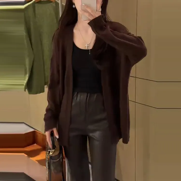 慵懒风加厚百搭休闲纯色气质针织开衫女早秋季新款中长款毛衣外套