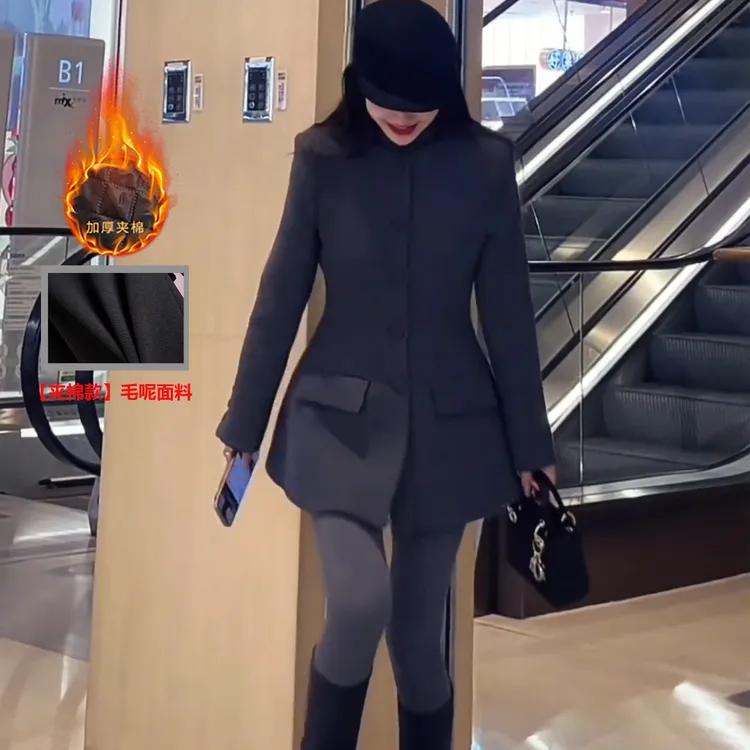 气质显瘦小蛮腰西装外套女中长款2025秋冬新款韩系时尚毛呢外套女