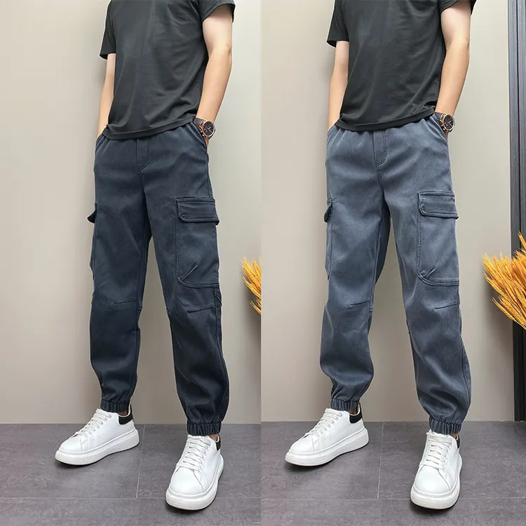 2025春秋新款大口袋工装裤男士纯色百搭束脚休闲裤修身小脚哈伦裤