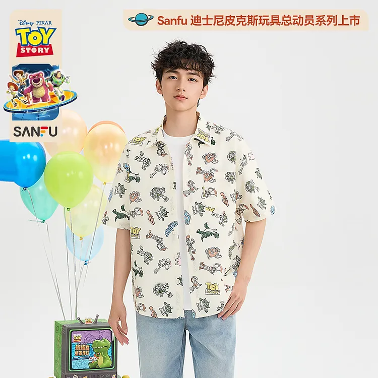 SANFU/三福【玩具总动员联名】夏季男士印花翻领落肩短衬衫523746