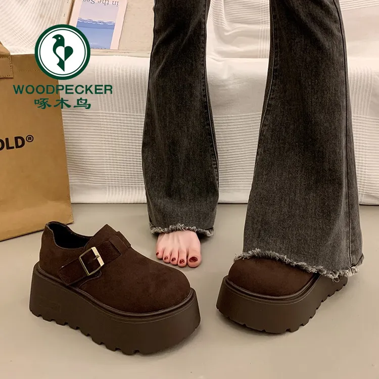 啄木鸟小个子增高厚底勃肯鞋女2025秋冬新款加绒大头丑萌乐福单鞋