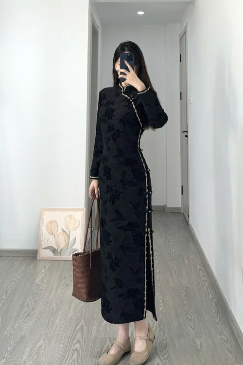 [梦聆]苏禾旗袍春秋新款单层加绒古法全开襟长度约123