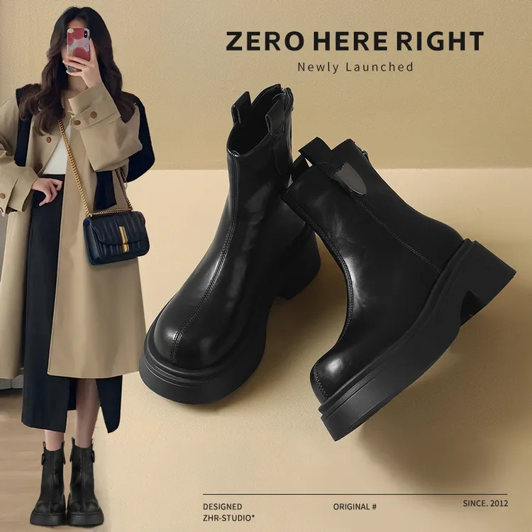 短靴女款2025新款爆款厚底瘦瘦靴加绒保暖小个子女鞋百搭小短靴商品图