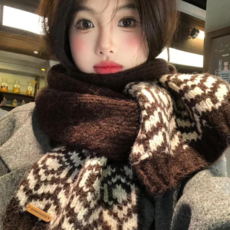 费尔岛咖色毛线针织围巾女秋冬保暖加厚氛围感高级感护颈防寒围脖