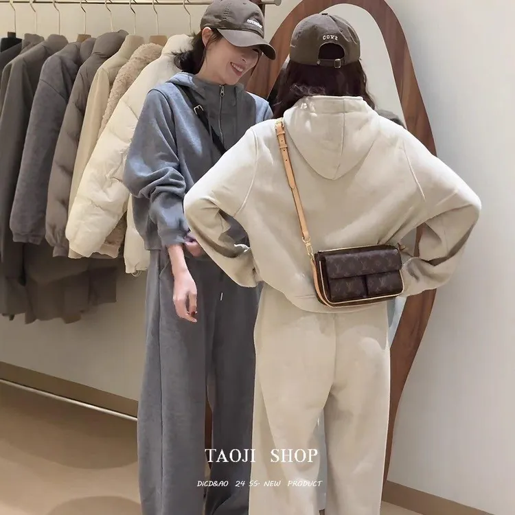 2025春秋季韩系高级连帽时尚卫衣松紧腰直筒阔腿裤休闲两件套装女