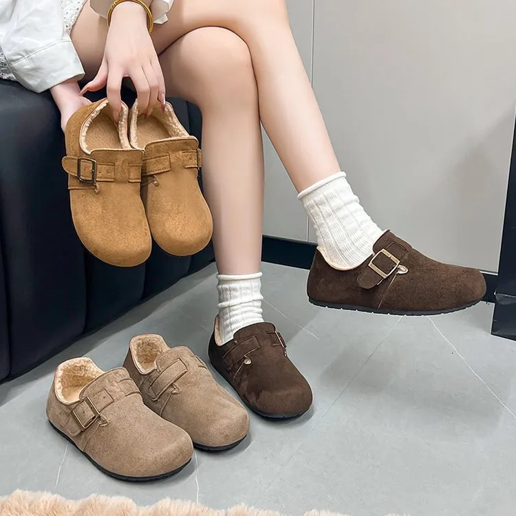 A3大码复古绒面博肯鞋女2025年秋冬季新款加绒毛毛鞋