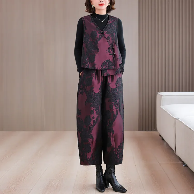 新中式秋装妈妈时尚套装女洋气上衣显瘦中老年马甲阔腿裤两件套
