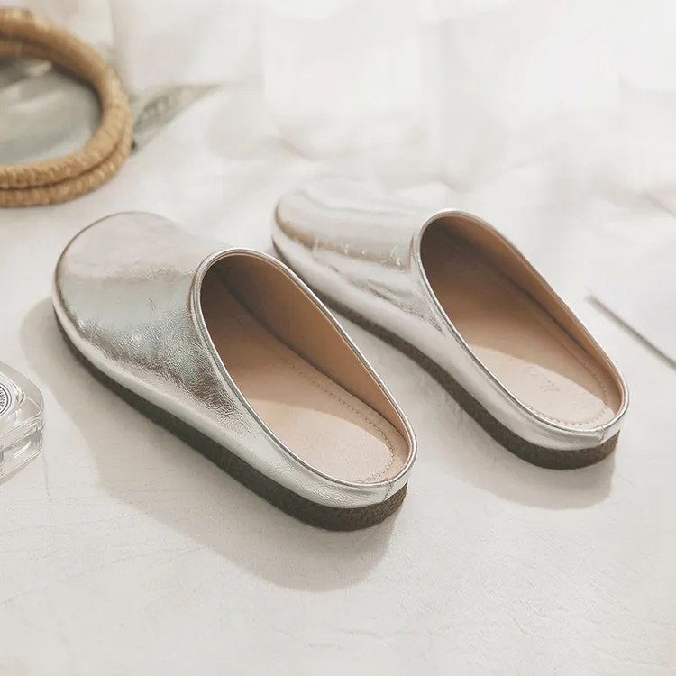 羊皮版~勃肯鞋女一脚蹬懒人绝美银色包头半拖鞋女夏外穿2025新款