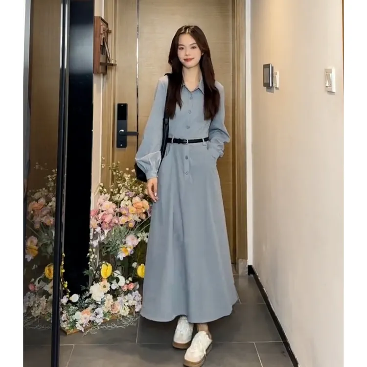 秋季新款小个子蓝色气质衬衫连衣裙子女长袖高级感法式口袋中长裙