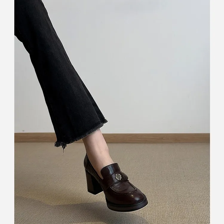 羊皮版~法式复古静音底山茶花乐福鞋女高跟2025新款粗跟小皮单鞋