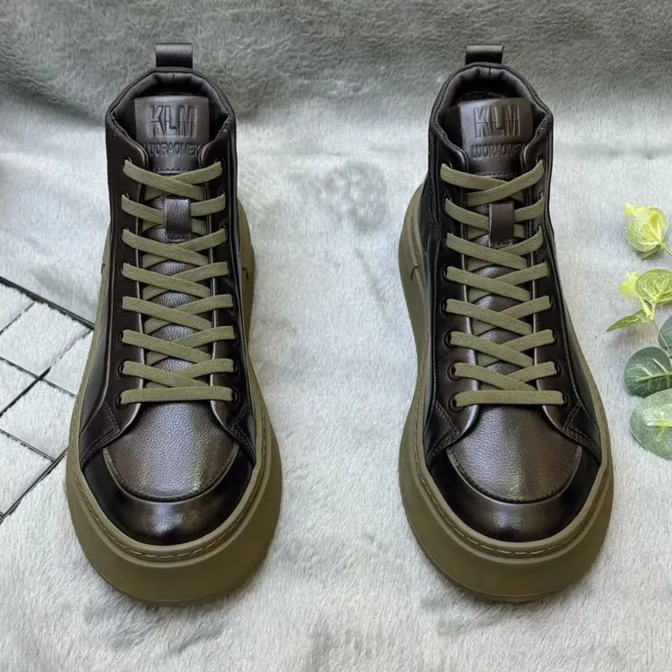 D99男鞋冬季加绒高帮系带圆头厚款休闲皮鞋板鞋时尚潮流保暖舒适