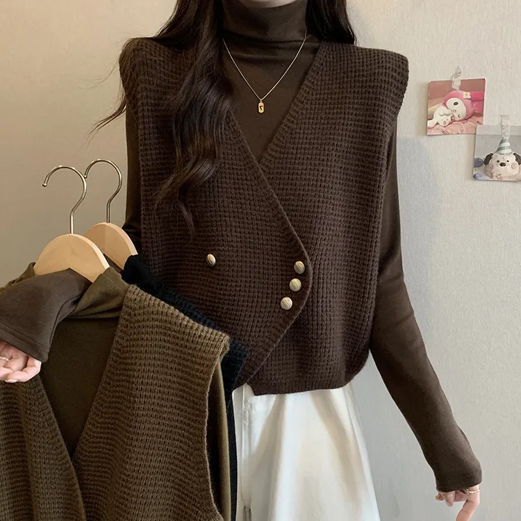 2025秋款胖mm大码女华夫格背心高领打底衫两件套装 71244+18235