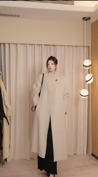 2025新款双羊毛大衣时尚百搭系带后开叉毛呢外套