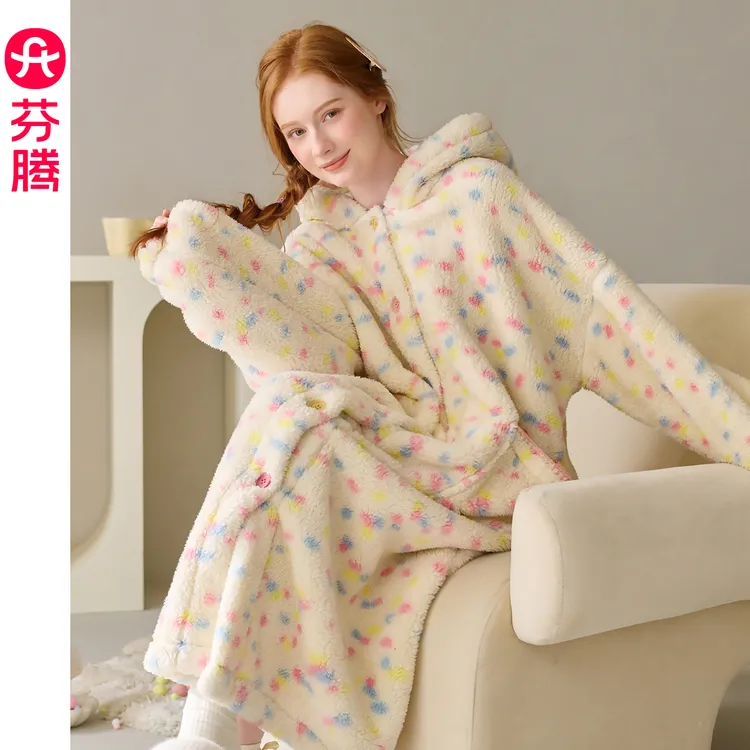 芬腾睡衣女款冬季加厚保暖珊瑚绒睡袍毛茸茸长款连帽宽松家居服冬