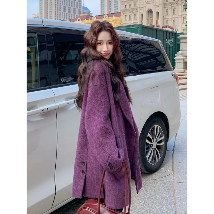 蓝莓紫气质洋气撞色双面羊毛大衣毛呢子外套女秋冬2025新款韩系