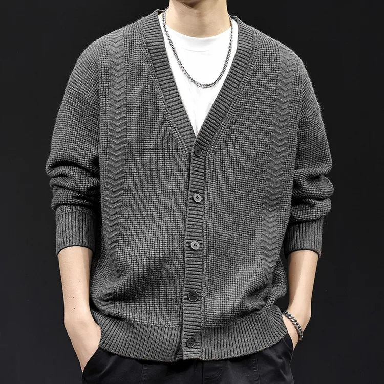 V领排扣开衫毛衣男士外套2025秋冬新款大码衣服针织休闲高端潮牌
