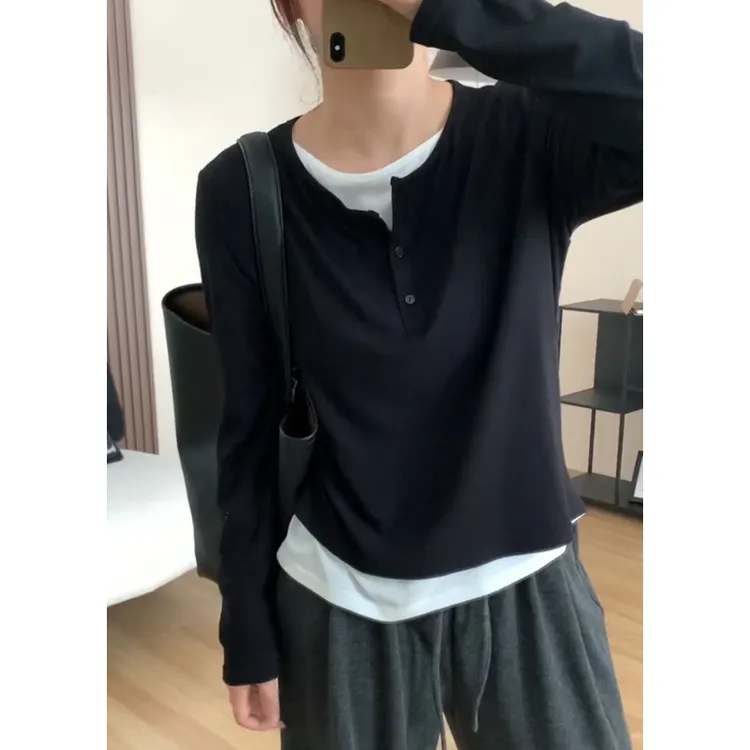 大码200斤拼色正肩假两件纽扣长袖t恤女秋季百搭显瘦遮肉上衣ins